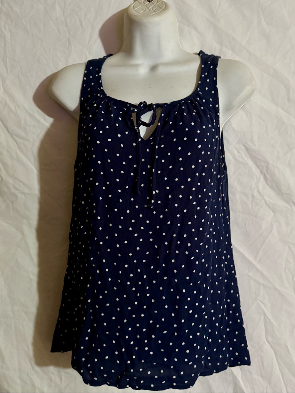 Navy Polka Dot Tie-Neck Sleeveless Top